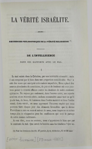 La verité Israélite V01 N°11 (29/03/1860)